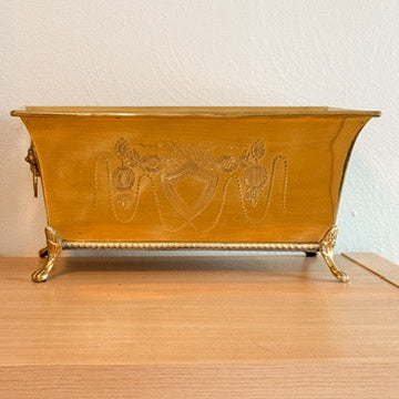 Vintage Brass Jardinere with Heraldic Etching and Lion Paw Footing
