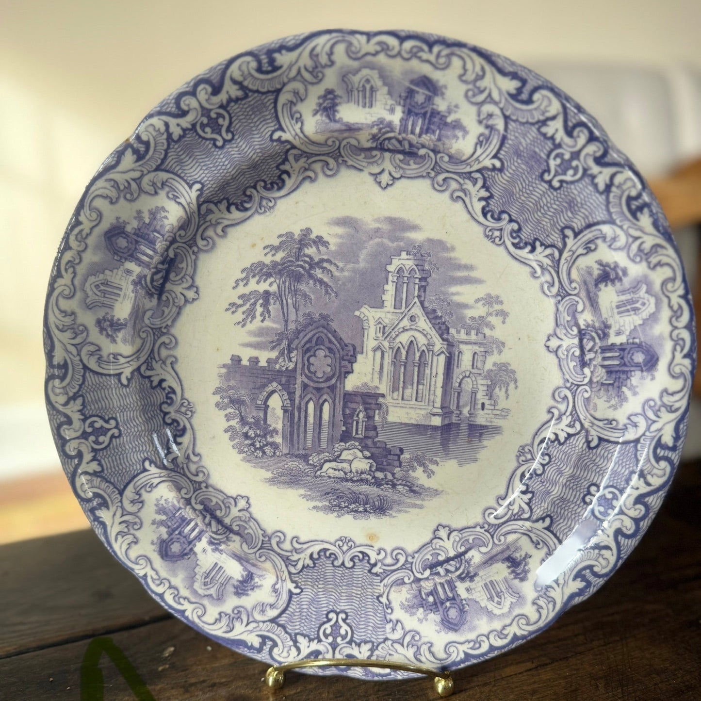 Antique Lavender Transferware Plate A, Glaze Pop on Front with Minor Discoloration